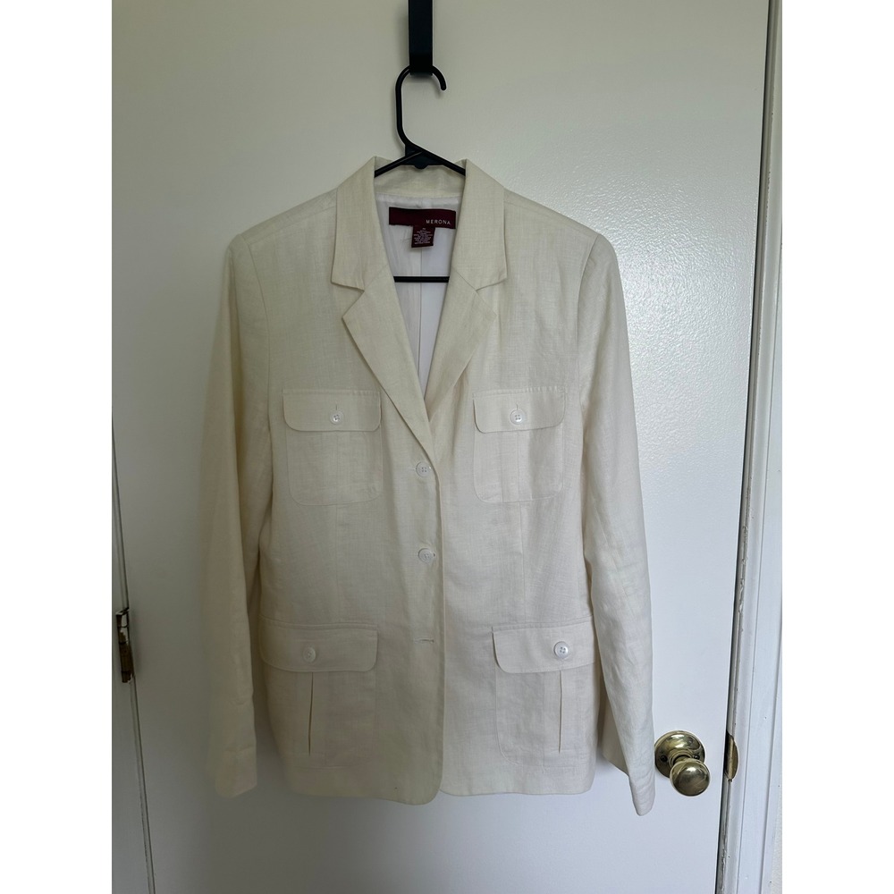Merona Womens Cream 100% Linen Safari Blazer Jacket Size M Utility 4-Pocket
